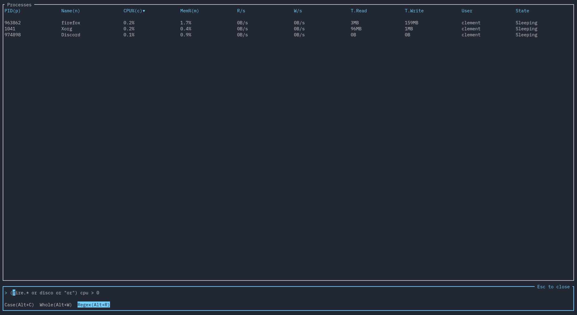 A picture of searching for a process with a search condition that uses the CPU keyword.