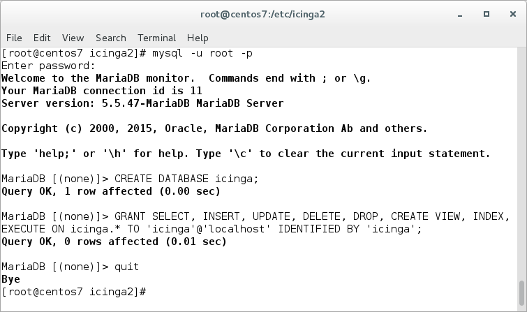 setting up the database on CentOS 7